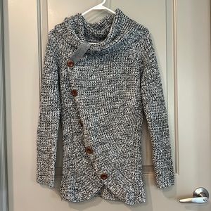 Itsmode Chunky Turtle Cowl Neck Knit Wrap Asymmetric Hem Sweater Coat w/ Buttons